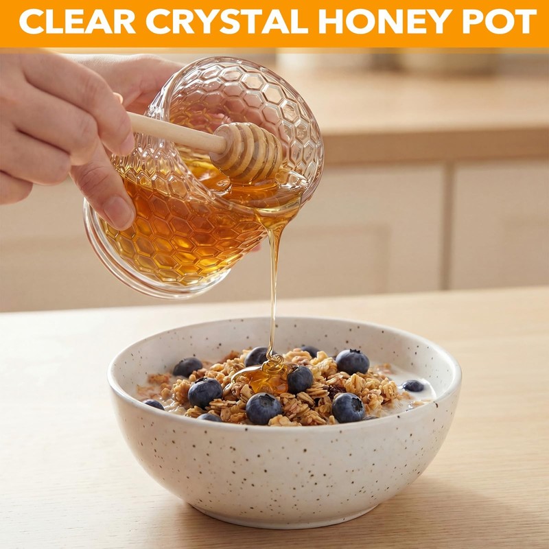 2 Pack 9oz Clear Glass Honey Jars with Lids and 6 Wooden Dippers Honeycomb Sh... gallery