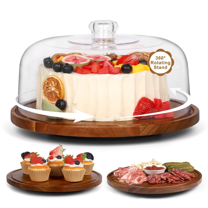 Cake Stand with Dome Lid, 12in Acacia Wood Cake Plate with Cover, Wooden Cake…