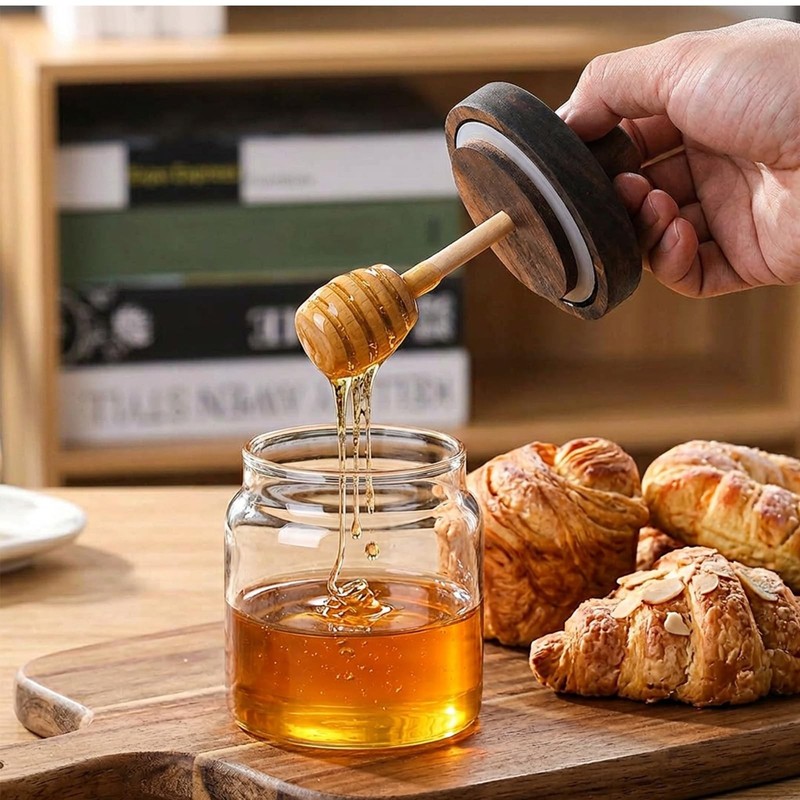 12 Oz Honey Jar with 2 Wooden Dippers and Lid,Honey Pot Dispenser,Clear Glass... gallery