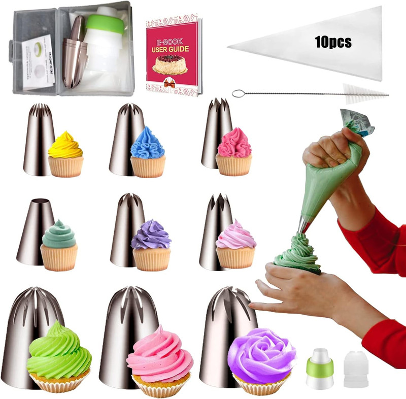 22Pcs Piping Nozzles Set, Stainless Piping Tip Set with 10 Pastry Piping Bags, a gallery