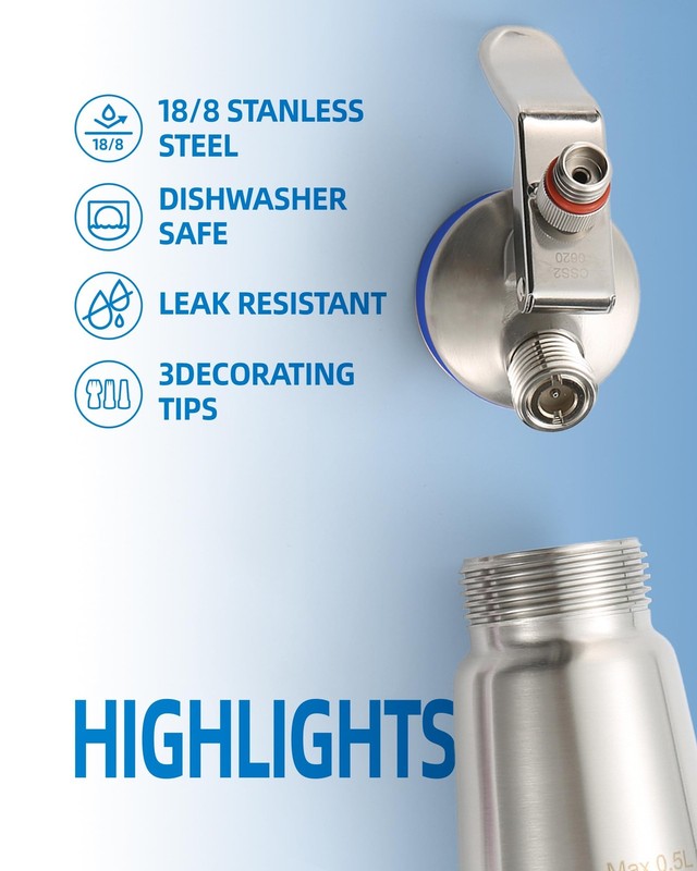 MOSA Professional 1 Pint (500mL) Blue Stainless Steel Whipped Cream Dispenser... gallery
