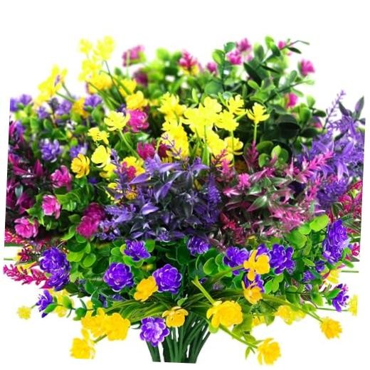 24 Bundles Artificial Fake Flowers Outdoor, 6 Styles UV 24pcs Mixed Color