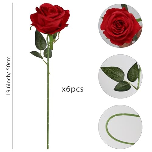6PCS Silk Lop-Sided Rose Artificial Flower with Long Stem Fake Leaf Deep Red gallery