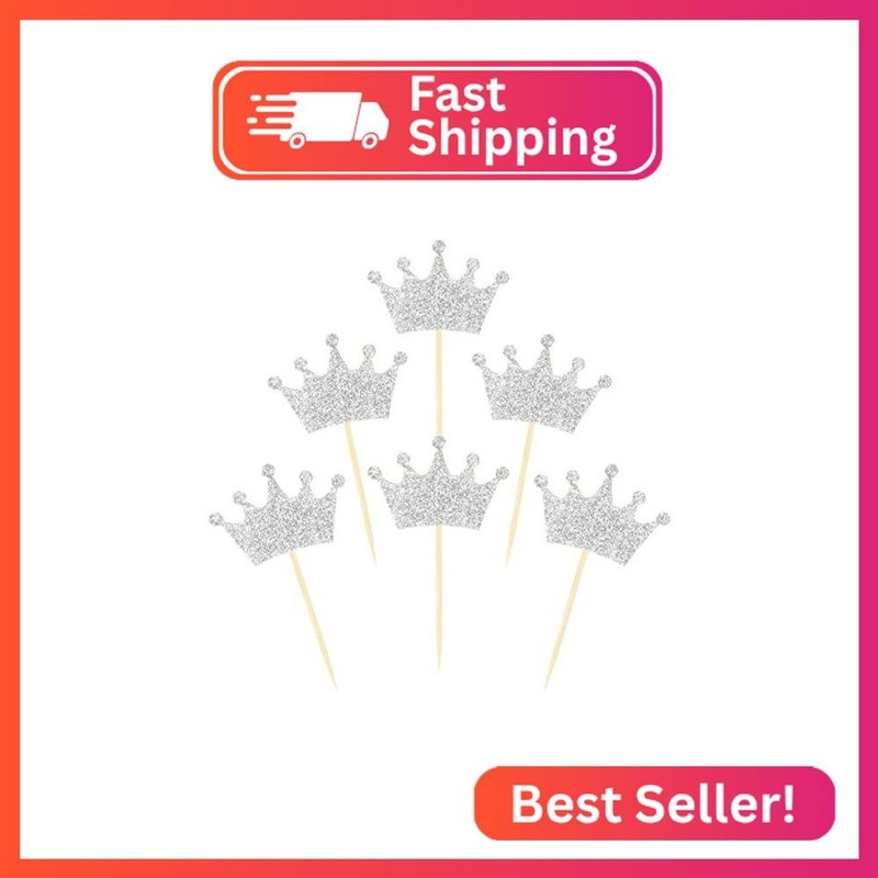 Crown Cupcake Toppers 48 Pcs Silver Glittery Princess Cake Picks for Baby Shower