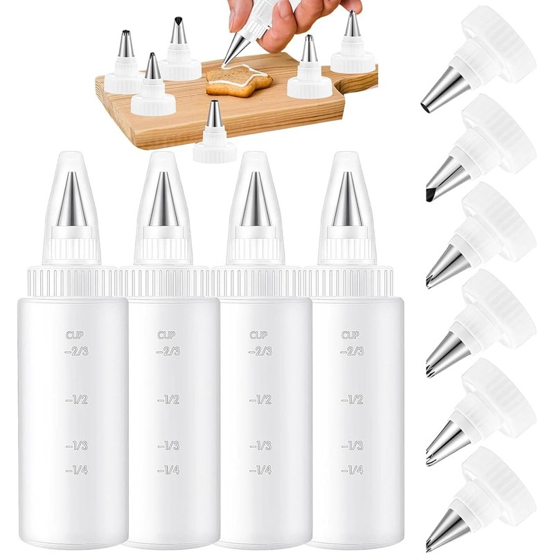 4 Pcs 4 oz Plastic Piping Bottles – Cookie Icing Decorating 180ML, White