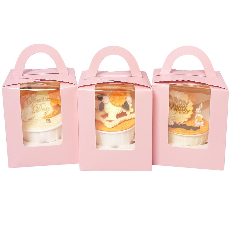 60 PCS Pink Individual Cupcake Boxes with Window 3.7×3.7×4.3 Inch Carrier