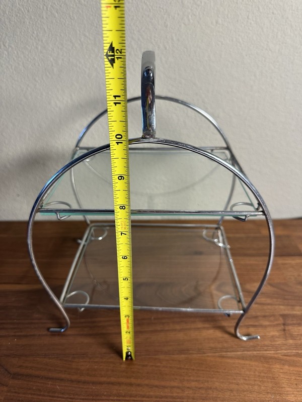 1930s Vintage Two Tier Cake Stand Glass Shelving Chrome gallery