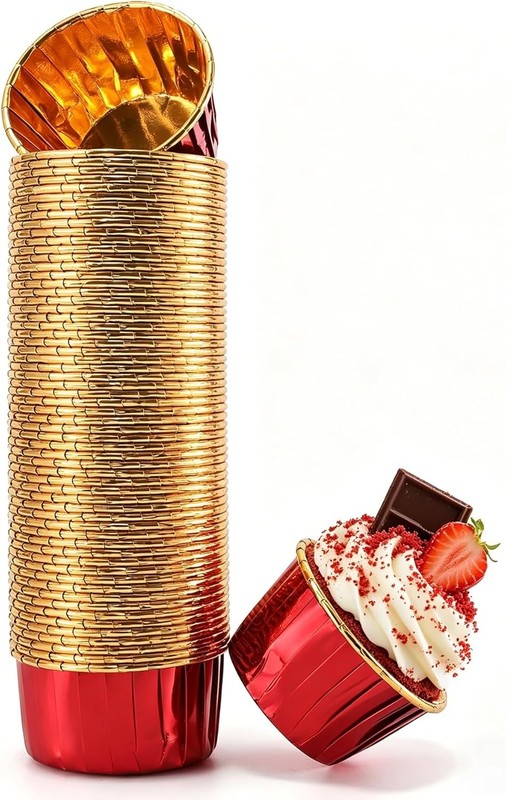 Red and Gold Foil Cupcake Liners,100 pcs Disposable Muffin Liners 3.5 Oz