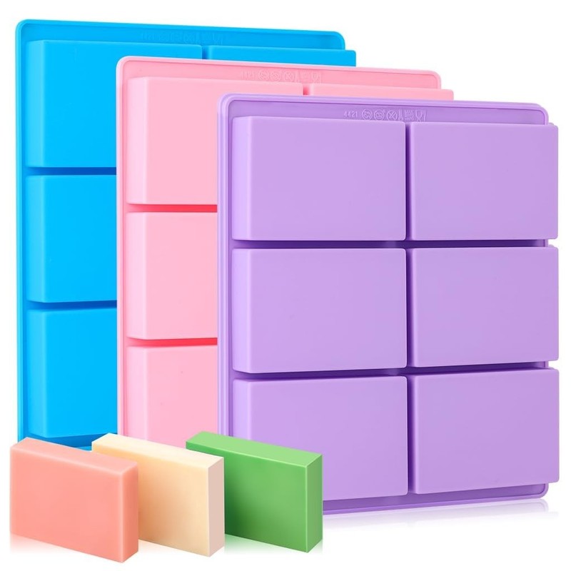 SJ Silicone Soap Molds 3 Packs, Rectangle, Rectangle/Pink+Blue+Purple