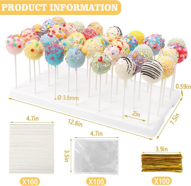Cake Pop Display Stand Holder, 35 Holes with 100 Pcs Sticks, Bags, Gold Ties - E gallery