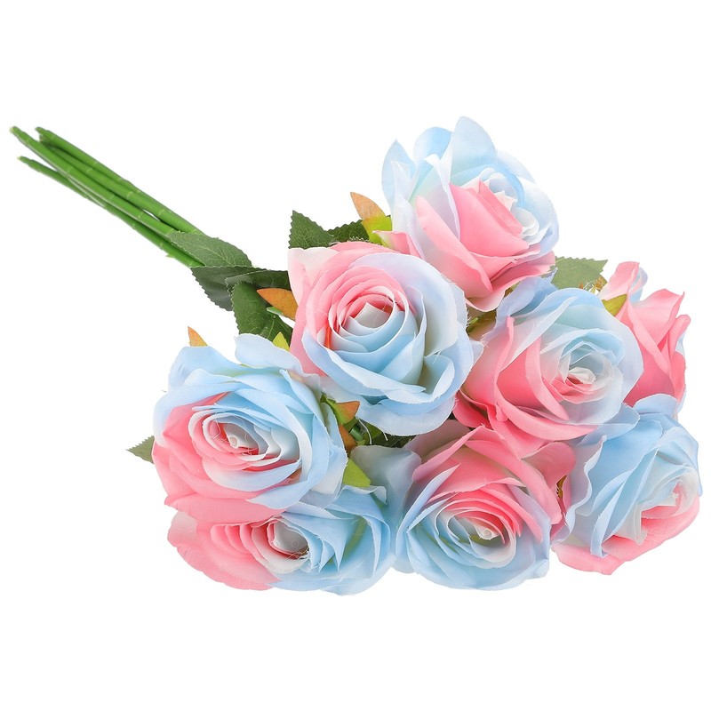 8pcs Fake Roses Artificial Flowers w Stems Real Look Bouquet Gradient Blue Pink