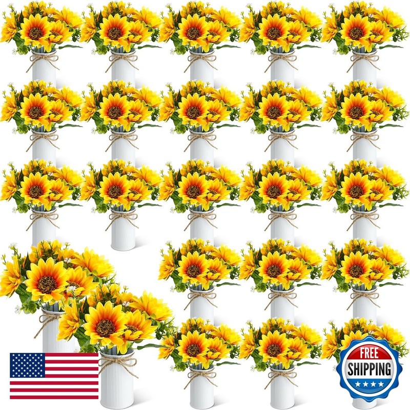 SiliFine 24 Sets Sunflowers Centerpieces with Vase White