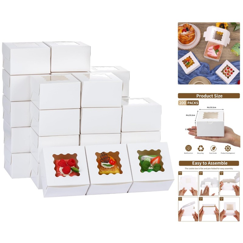 200 Pack of White Bakery Boxes with Window – Perfect for Cookies & Treats