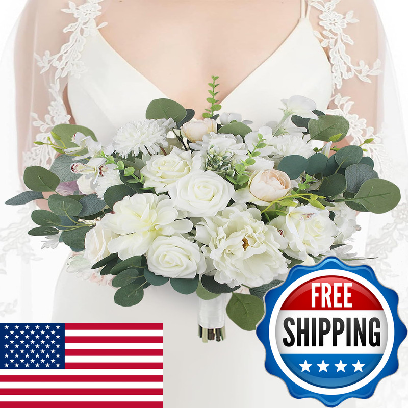 Rinlong 16.5 Inch Wedding Bouquets For Bride White Sage Green Bridal Bouquet