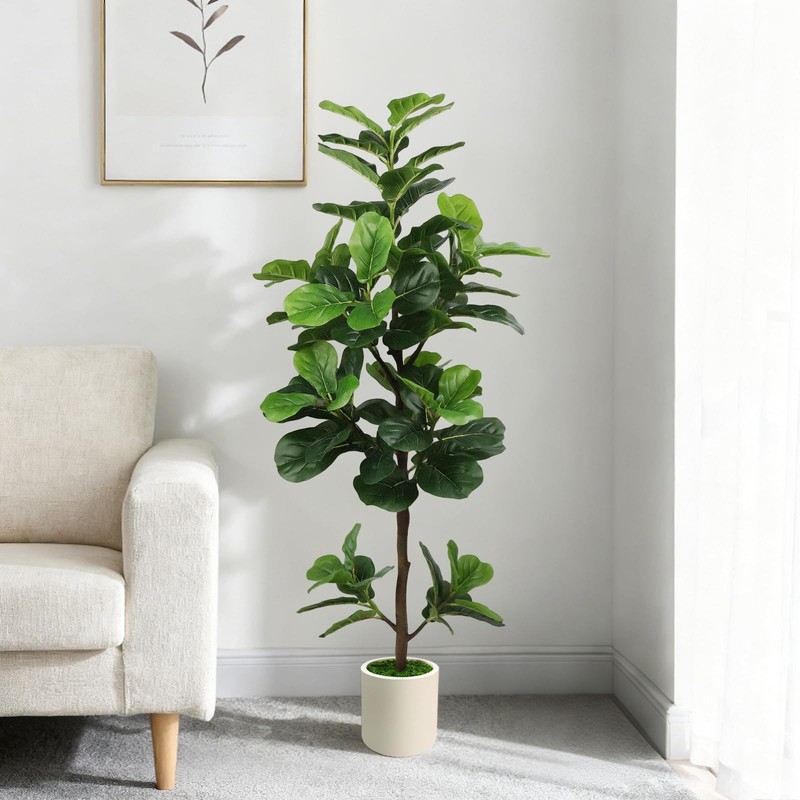 Pepeuni 5Ft Artificial Fiddle Leaf Fig Tree White Planter Fake Moss Realistic gallery