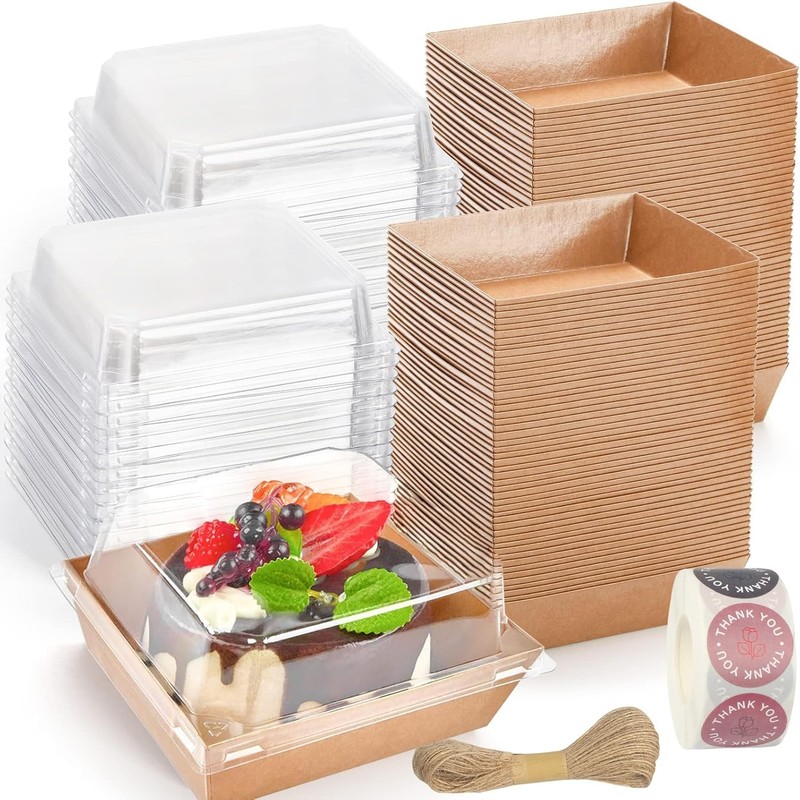 100 Pack Charcuterie Boxes with Clear Lids 5 Inch Kraft To Go Paper Bakery Box