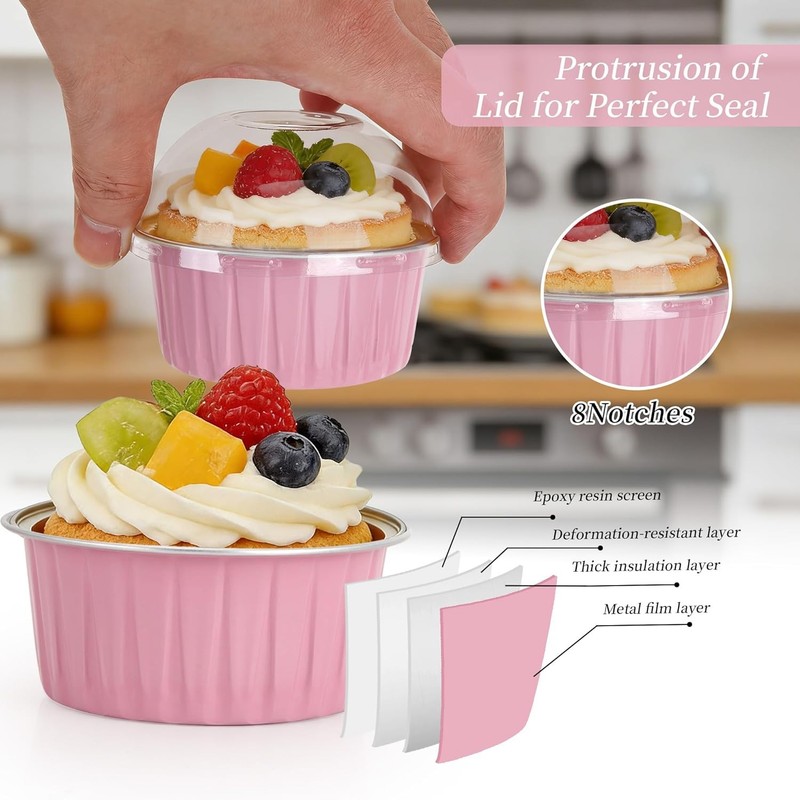 100-Pack 5 oz Pink Mini Cake Pans W/ Lids Disposable Aluminum Foil Baking Cups gallery