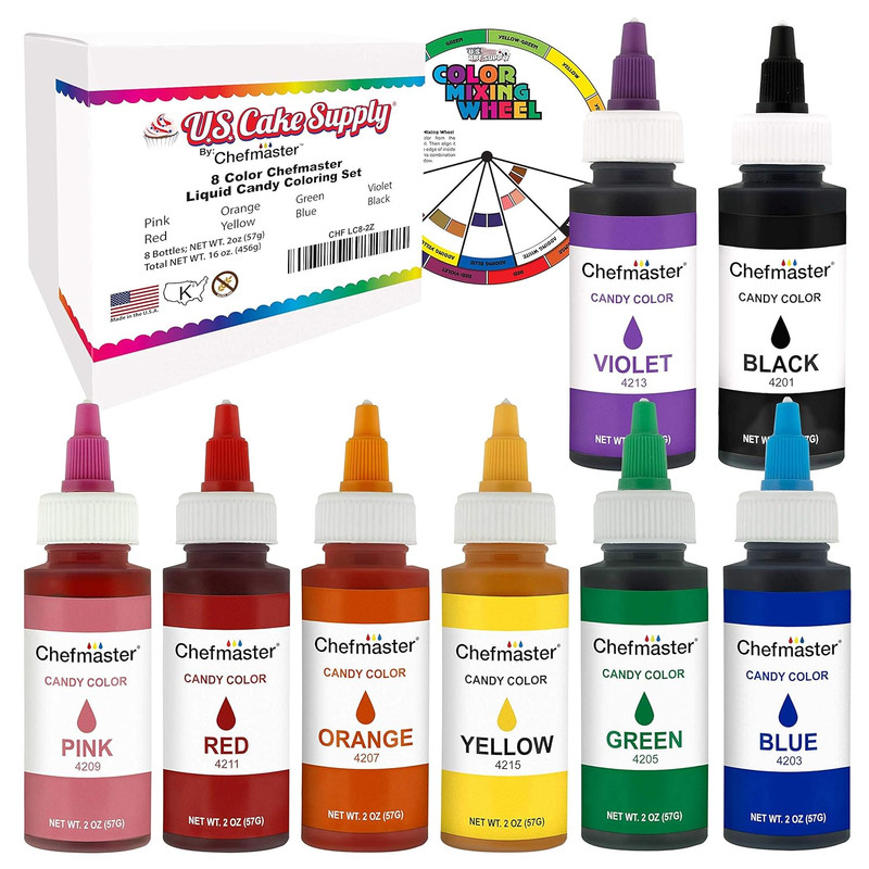 Large 2-Ounce Bottles of Each Liquid Candy Food Color 8 Bottle Kit with Mixing W