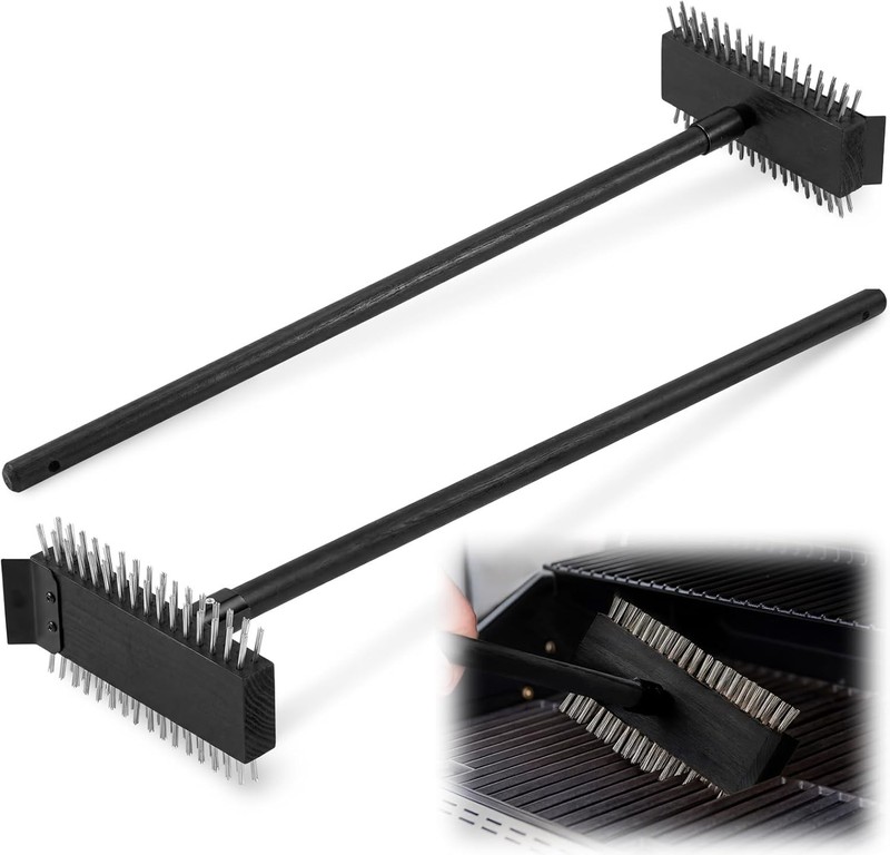 2 Pcs Black Stainless Steel Grill Brush Grill Scraper with 30” Long Wooden H…