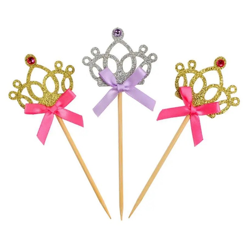 10pcs Stamping Gold Pink Crown Cake Toppers Princess Girl Wedding Happy Birthday gallery