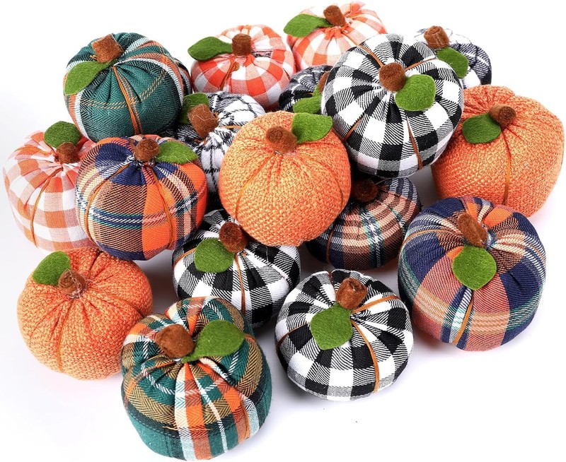 18 Pcs Assorted Fall Artificial Fabric Pumpkins Decorat Mini