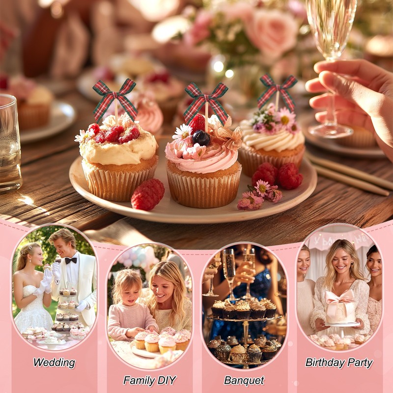 60Pcs Bow Cupcake Toppers, Ribbon Bow Cake Toppers for Cake Decor[Red and Green] gallery