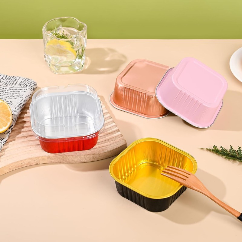 10oz Mini Cake Pans with Lids (40 Pack) Aluminum Foil Square Cupcake Liners gallery