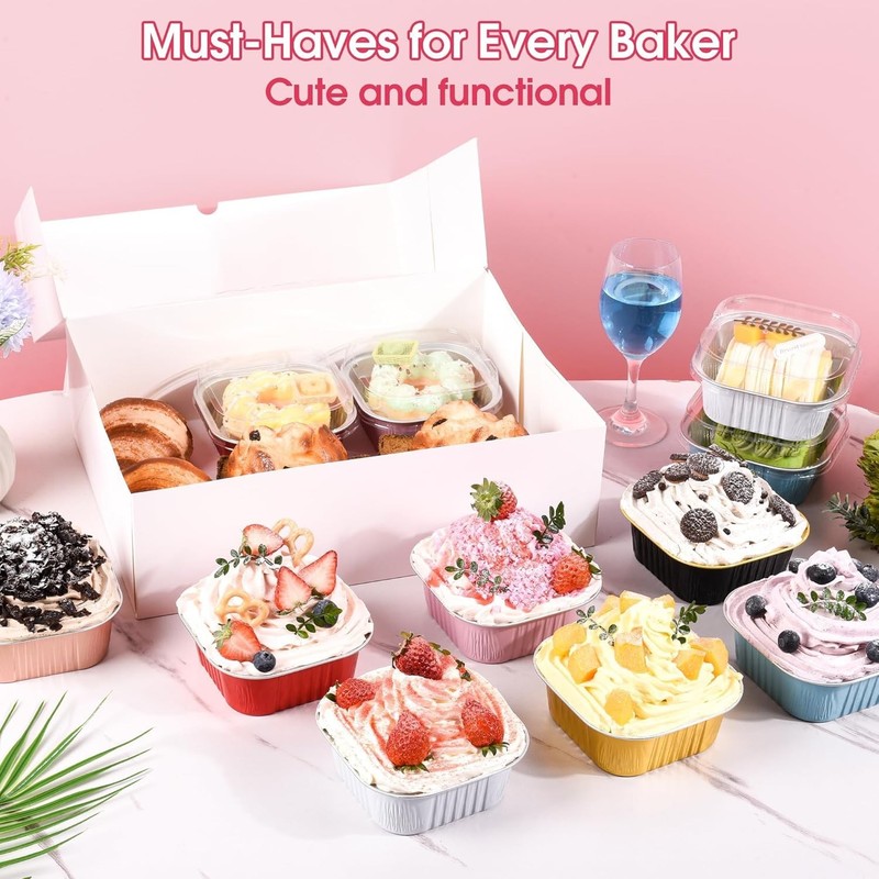 100 Pcs Mini Cake Pans W/ Lids 5oz Square Aluminum Foil Brownie Baking Cups gallery