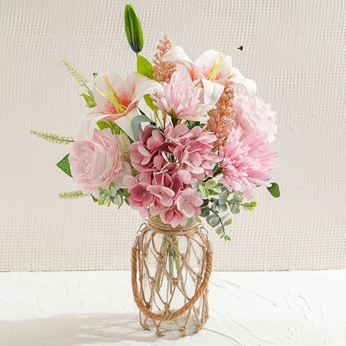 Fake Flowers with Vase –Hydrangea & Lily Artificial Floral Dark Pink
