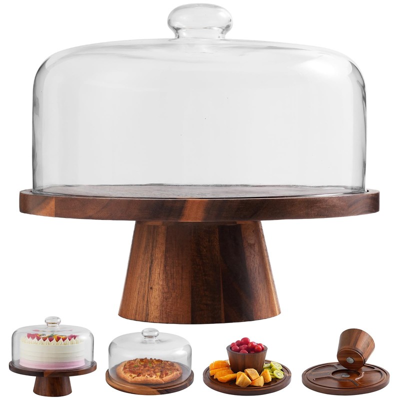 Soporte pasteles madera de acacia con tapa de cristal – Base magnética de 30 cm