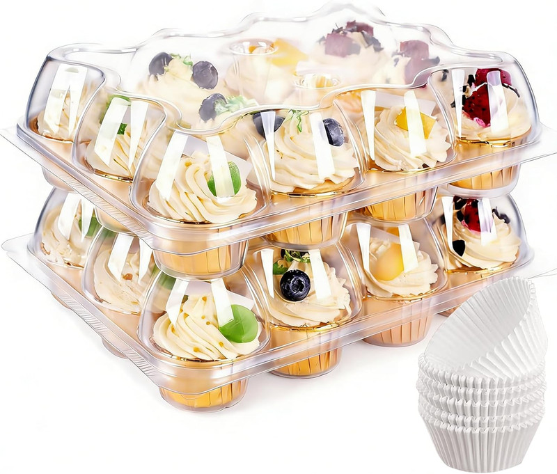 12 Count X 12 Sets Cupcake Carrier with 150 Pack Liners, Stackable Plastic Cupca