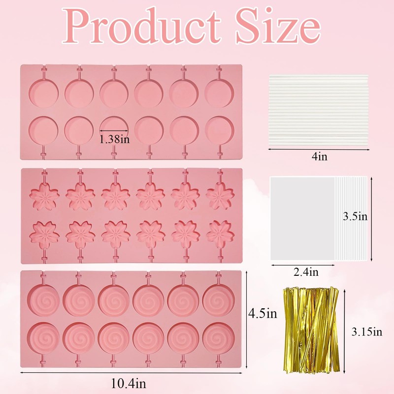 3Pcs Lollipop Mold Kit 36 Capacity 3 Shapes Pink Silicone Candy Molds Non-Sti... gallery