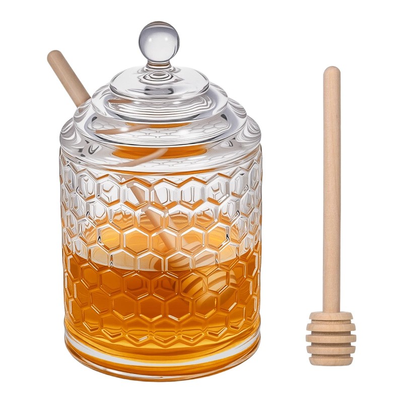 Honey Pot 9 oz Clear Crystal Glass 2 Dipper Sticks No Drip Dispenser Jar Lid
