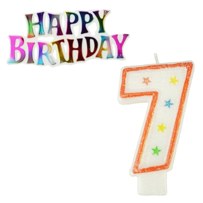 ESC05 Glitter Number 7 Candle and Happy Birthday Sign, 3-3/8-inch, 2-piece