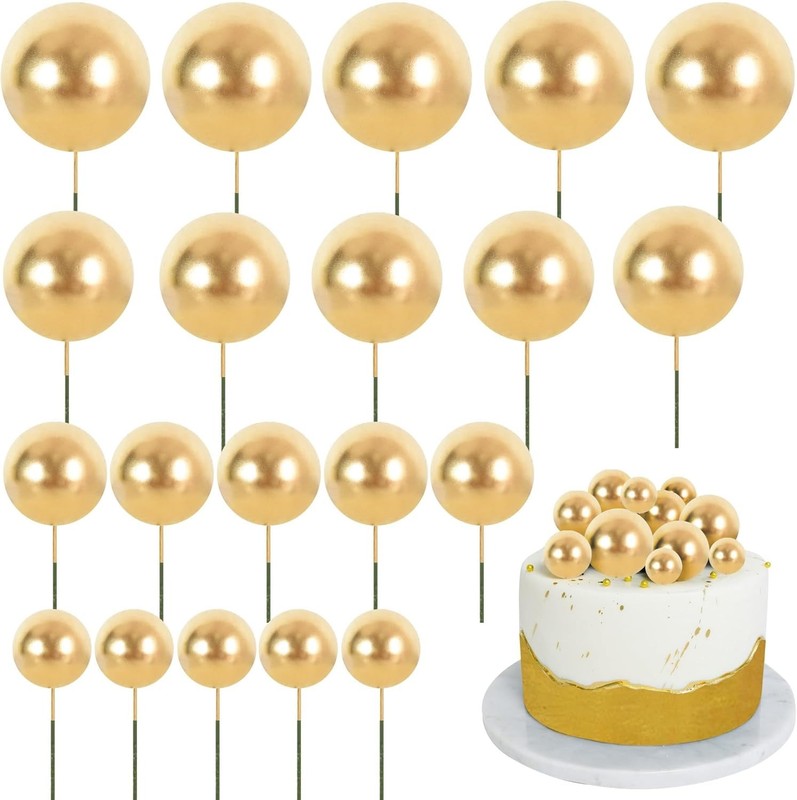 20 PCS Gold Mini Ball Cake Toppers Foam Cake Balls Decoration Supplies for Happy