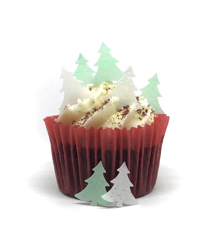 100 PRECUT Mini White & Green Christmas Trees Edible Wafer Paper Cake Toppers
