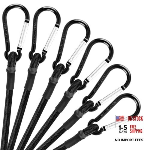 12" Bungee Cord with Carabiner Hook - 1/3" Thick Black Bungee Cords
