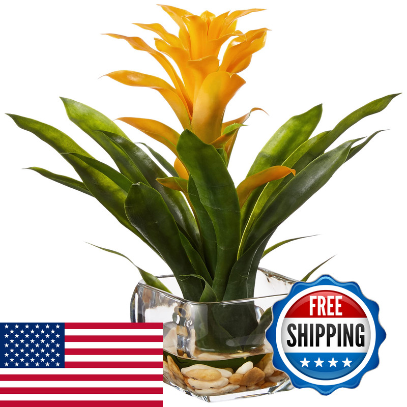 Nearly Natural 6897-Yl Bromeliad Glass Vase Arrangement P 11 In X 11 In X 12 In