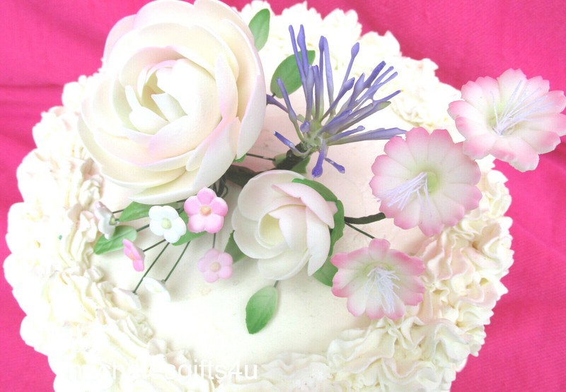 3 1/2" x 6" Sugar Cake Gum Paste Pink White Roses 11 Blossom Flowers 11 Leaves
