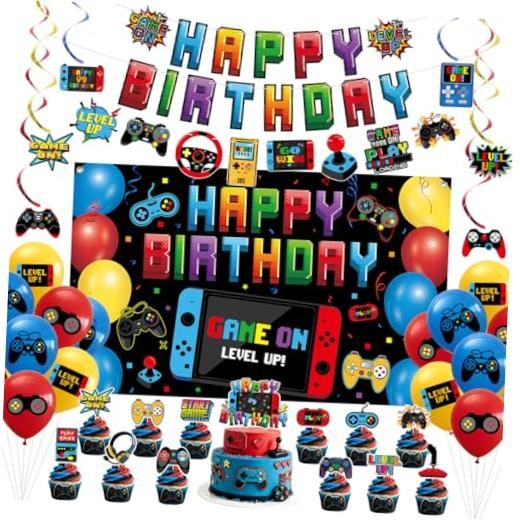 Video Game Birthday Decorations Includes Banner, Backdrop, Balloons, Hanging