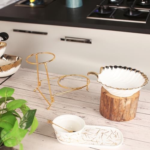 2-Tier Serving Rack with Ceramic Serving Bowls, Foldable Gold Stand with 2 gallery