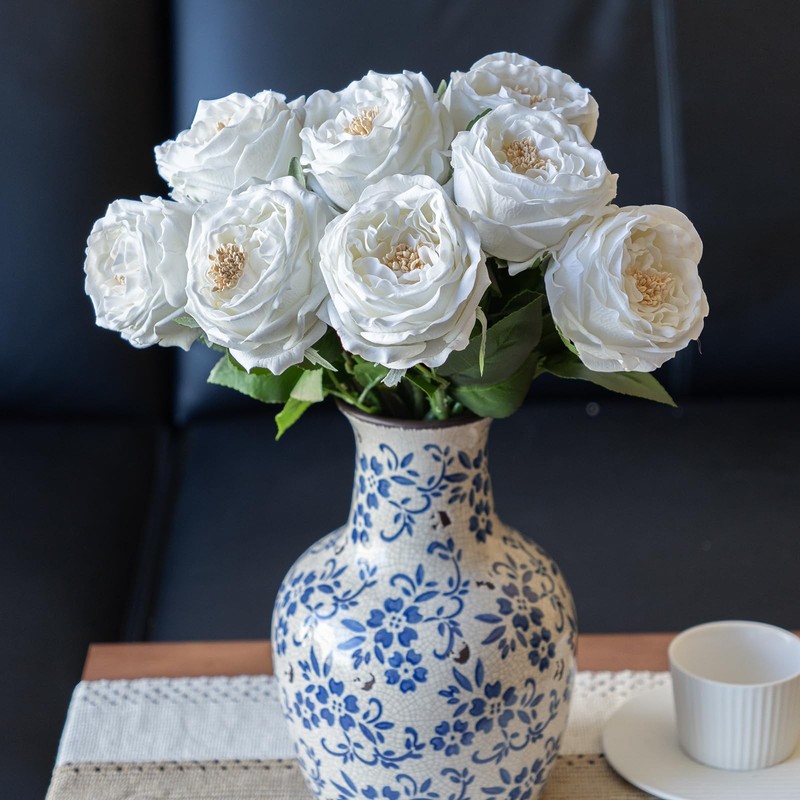 DUYONE 4pcs White Artificial Roses Fake Flowers Home Decor Real Touch Lifelike gallery