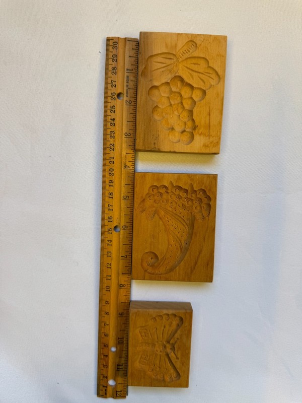 Vintage Wooden Cookie Molds Set Grapes Cornucopia Butterfly Baking Press Carved gallery