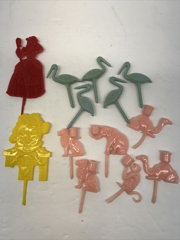 Vintage cake candle holder cupcake toppers, Circus animals, Storks hard plastic