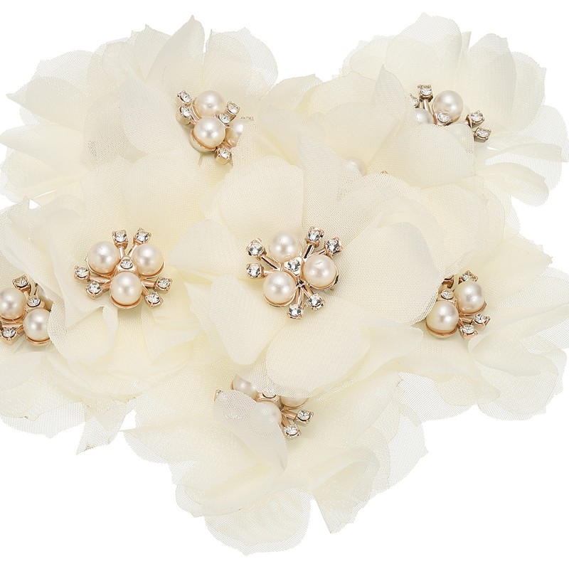 2.36 Inch Rhinestone Chiffon Flower, 10 Pcs Fabric Appliques, Beige