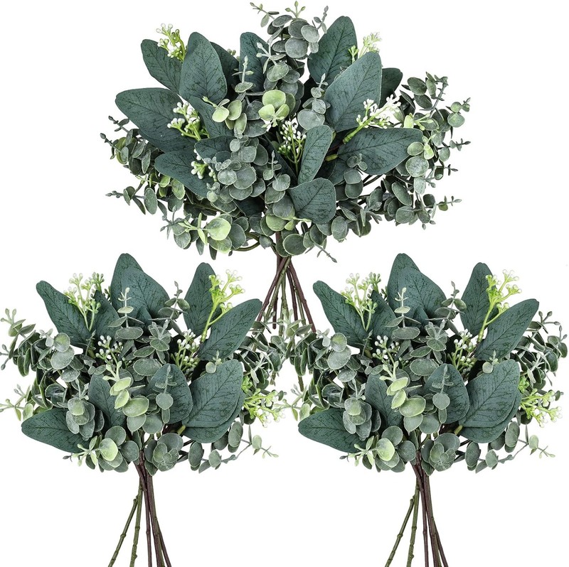 20 Pcs Mixed Artificial Oval Eucalyptus Leaves Bulk with White