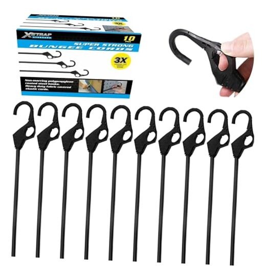 10-Pack Bungee Cords with Finger-Hole Hooks – Enhanced 3X 10PK+48INCH+Black