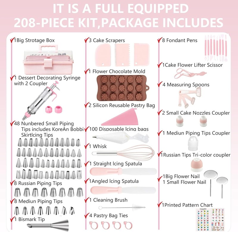 208 PCS Cake Decorating Kit,Baking Supplies with Dessert Decorating Syringe Set, gallery