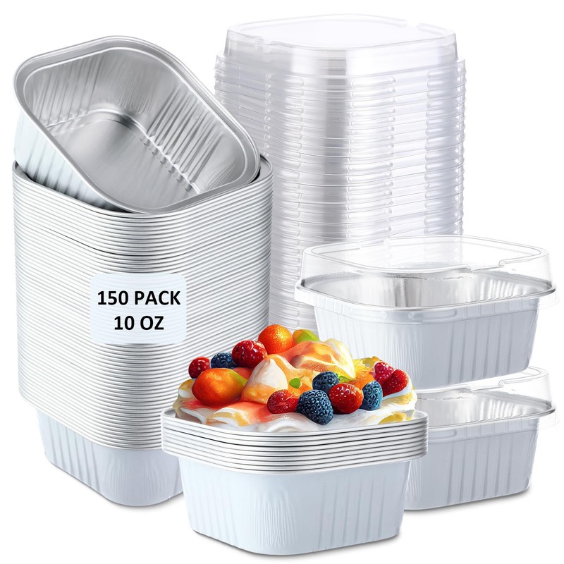 150 Pieces 10 oz Mini Cake Pans with Lids Aluminum Foil Baking Cups Square Di…