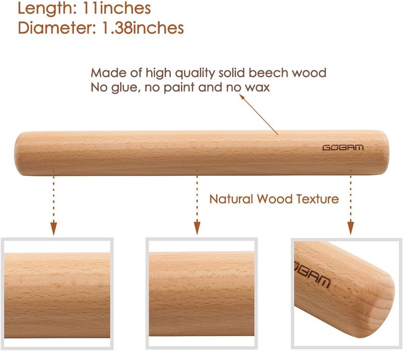 GOBAM Wood Rolling Pin, Small - Dough 11*1.38inch, Natural (11*1.38 inches) gallery